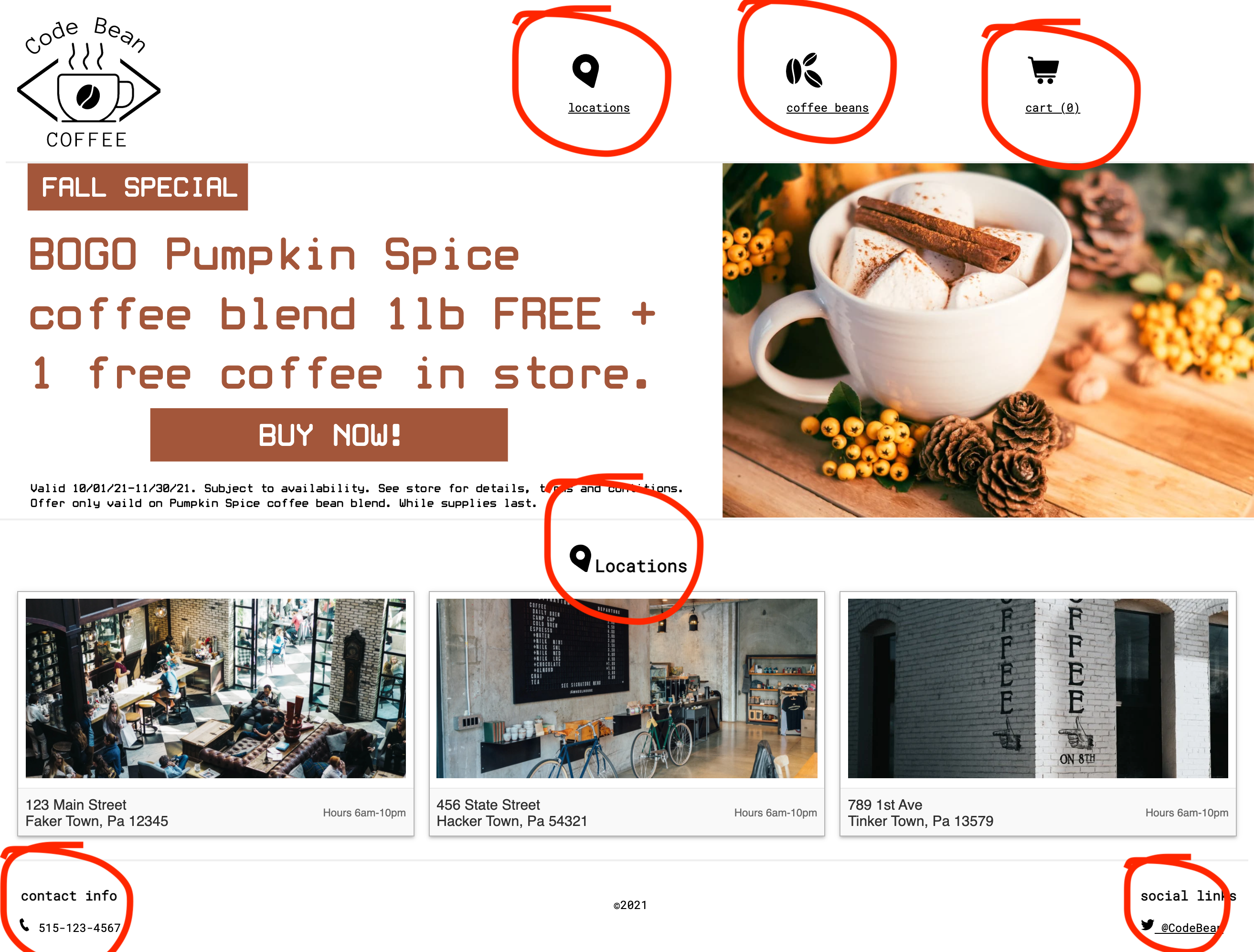 There are a bunch of icons used in this site (the location, coffee beans and cart links in the header, phone and twitter icons in the footer) AND almost each one is implemented in a different way because they have a different context on the page.