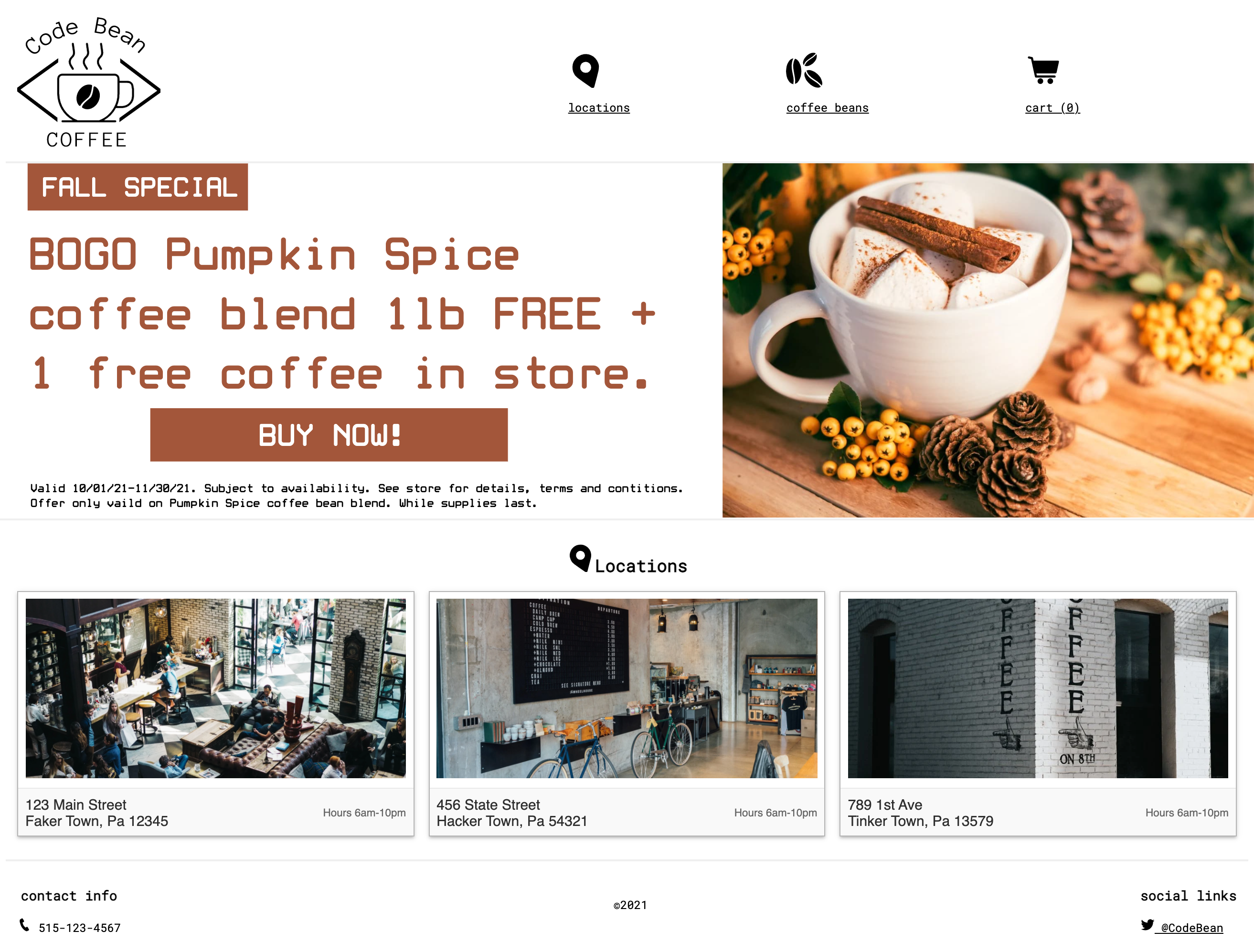 So, here we have a fake coffee house brand website. It is themed in a codie/minimalist style and mostly black and white.There's a header with a logo and 3 links with icons + text under them. Underneath the header is a big her promo banner with a bunch text, an image and a button. Then, there's a section of locations with images, addresses and hours of operation. Finally, the footer, with some contact and social info. In terms of SVGs, we have a lot of them here: logo and icons