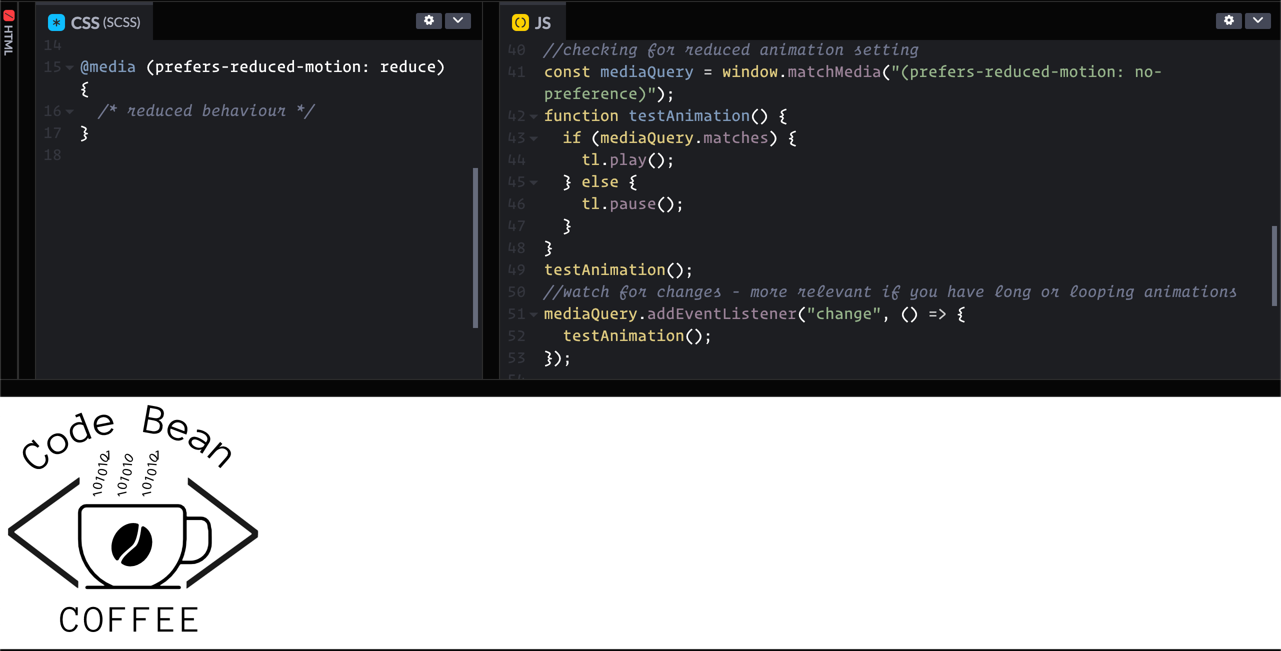 screenshot of codepen showing the css and javasript options for handling reduced motion settings